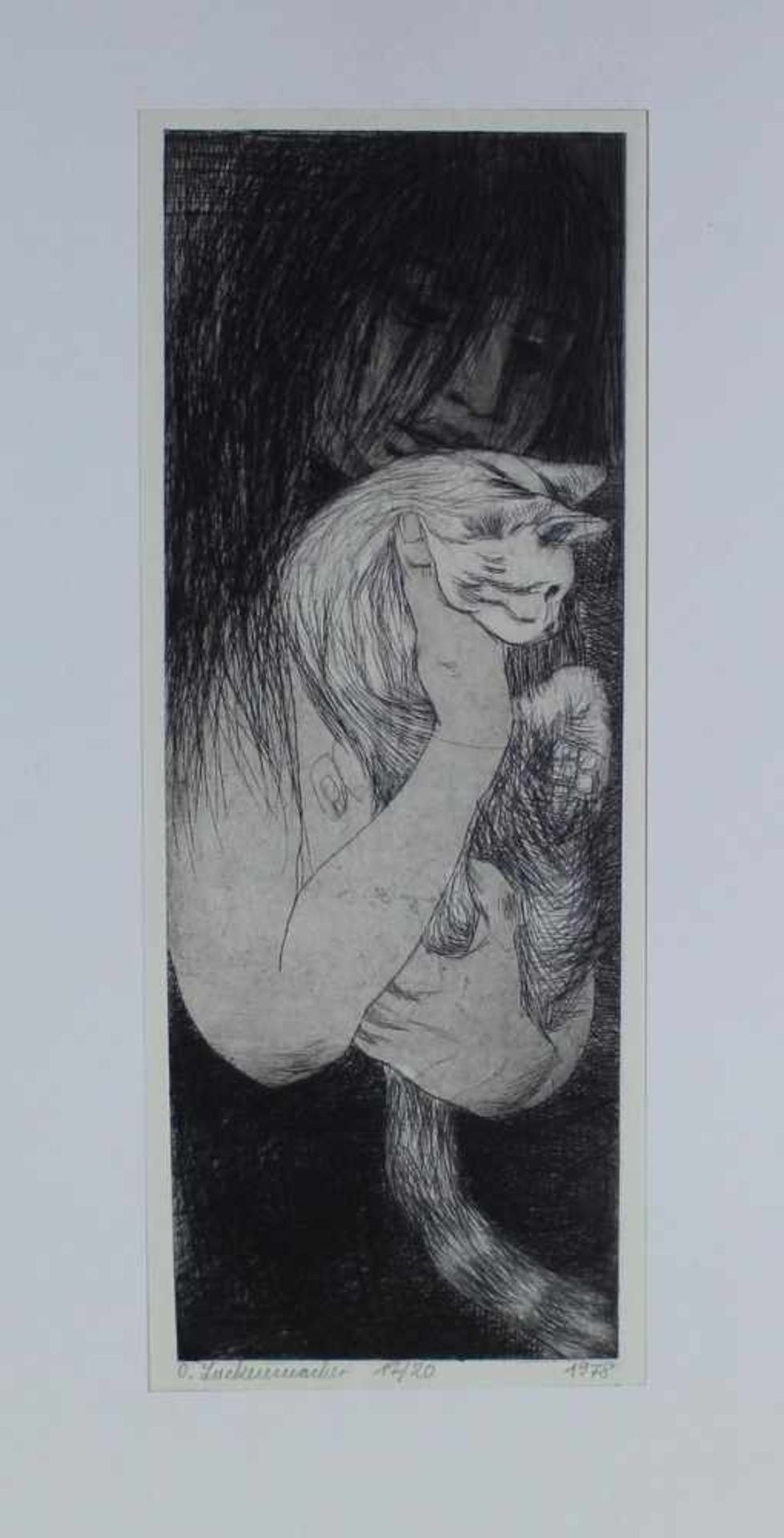 Otto Lackenmacher: Radierung Mädchen mit Katze, Blattgrösse ca. 69 x 50 cm, Druck ca. 50 x 18,3