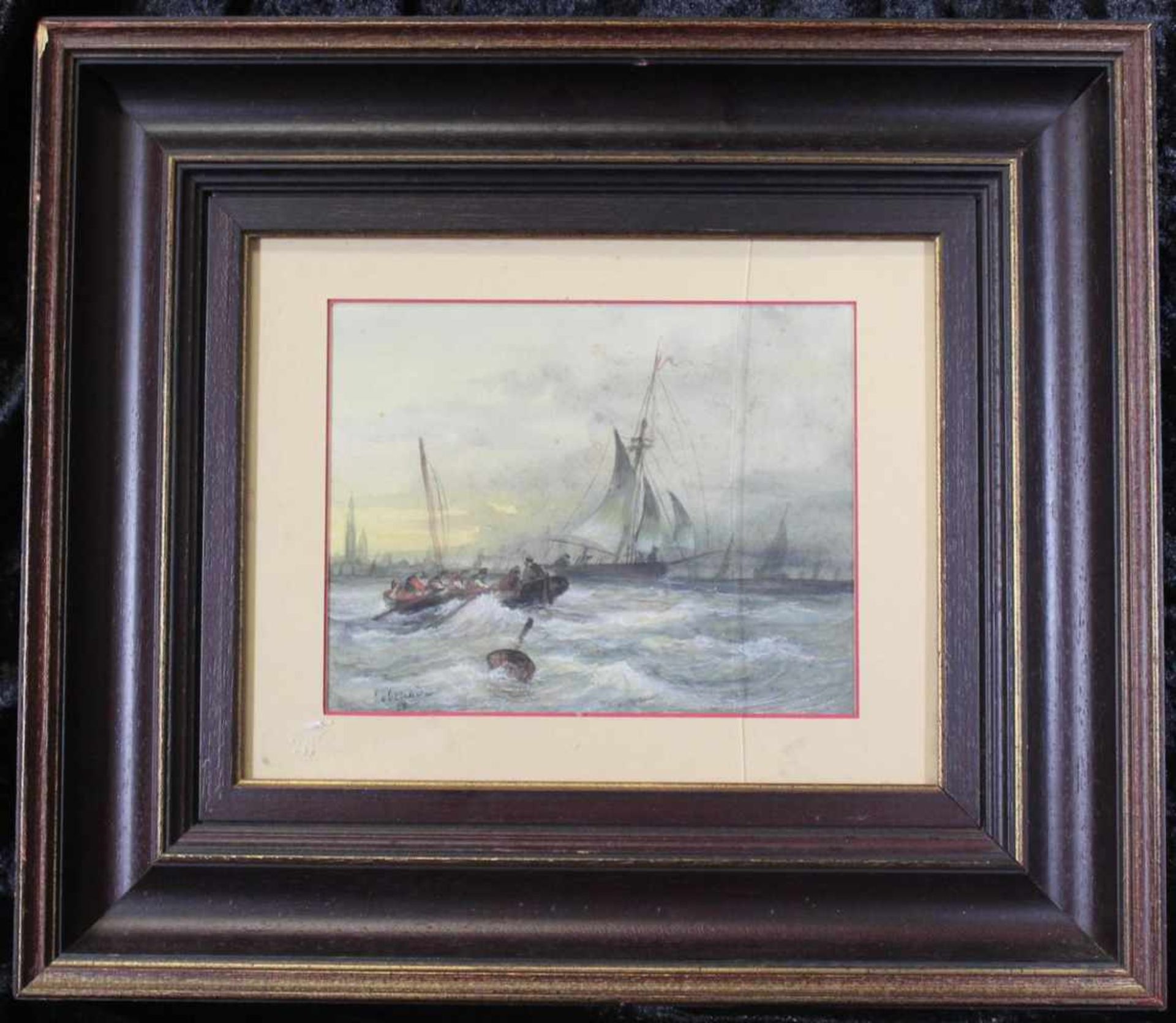 Aquarell: Fischerboote auf stürmischer See, u. Glas im Holzrahmen, ca. 17 x 22 cm, Gesamt ca. 40 x