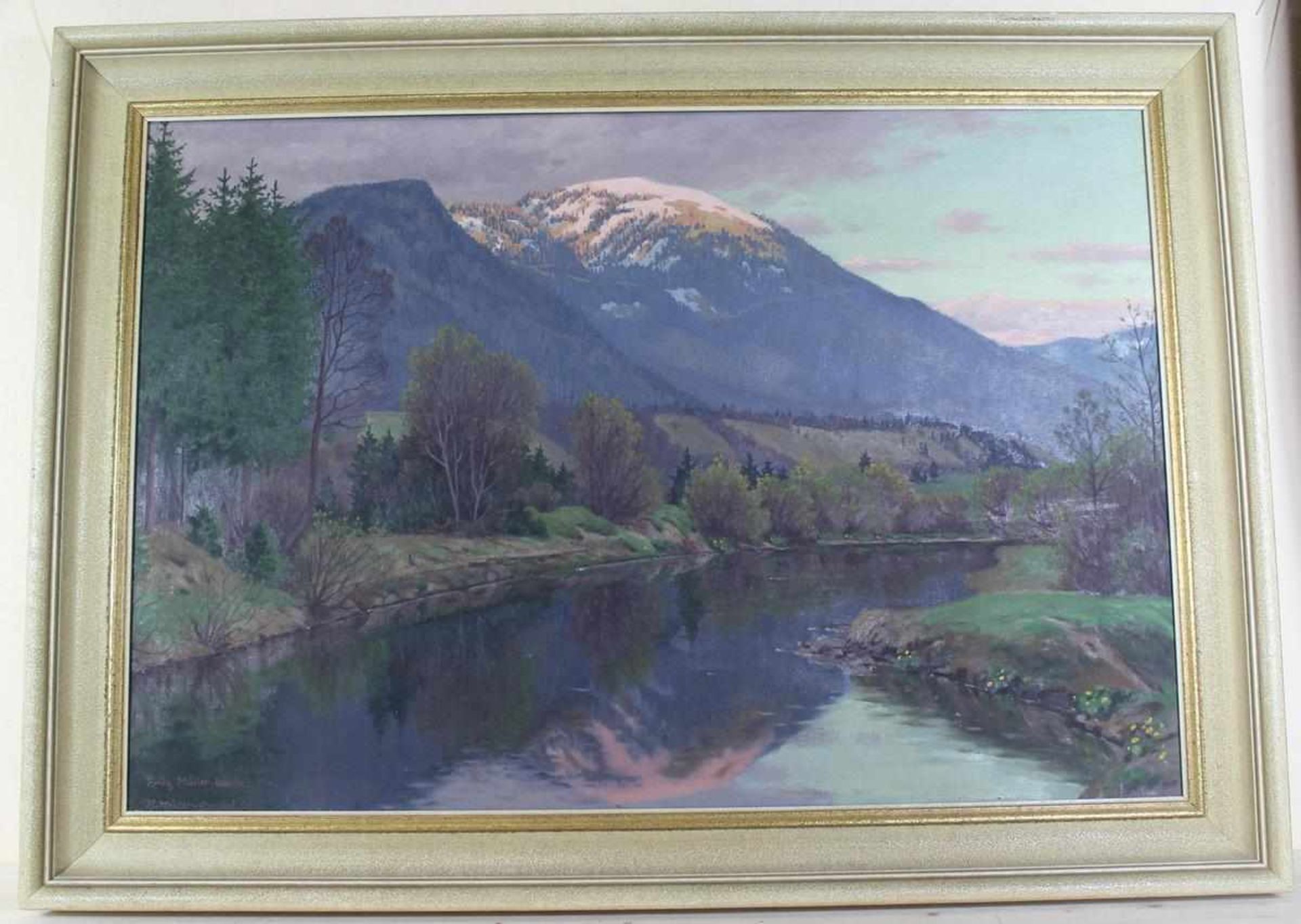 H. Müller-Landeck: Ölgemälde Flusslandschaft mit Bergen, Öl auf Leinwand, Holzrahmen, ca. 60 x 88
