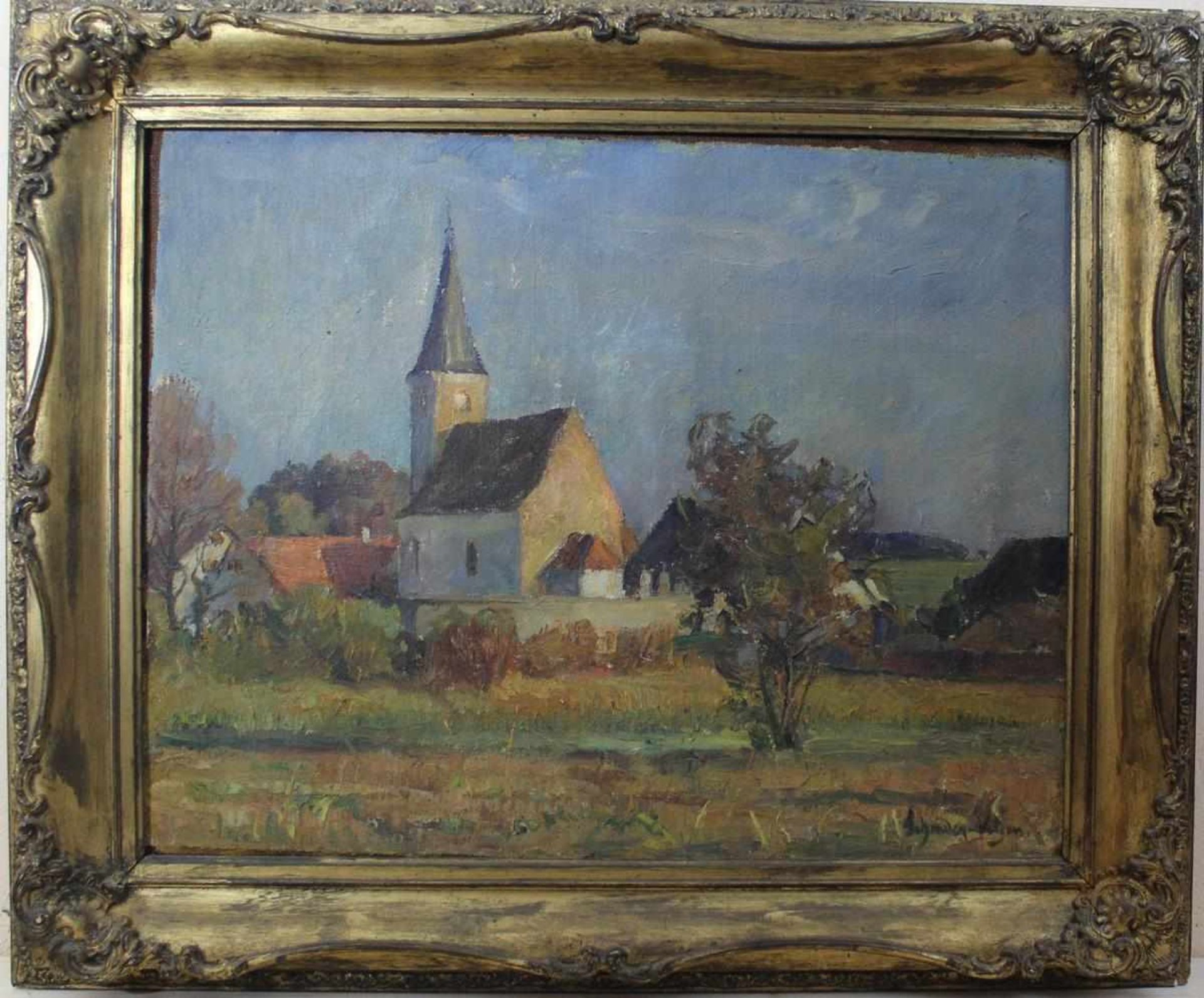 Carl Schrader-Velgen: Ölgemälde Dorfkirche, Öl auf Leinwand, Holzrahmen mit Stuckauflage, ca. 51 x