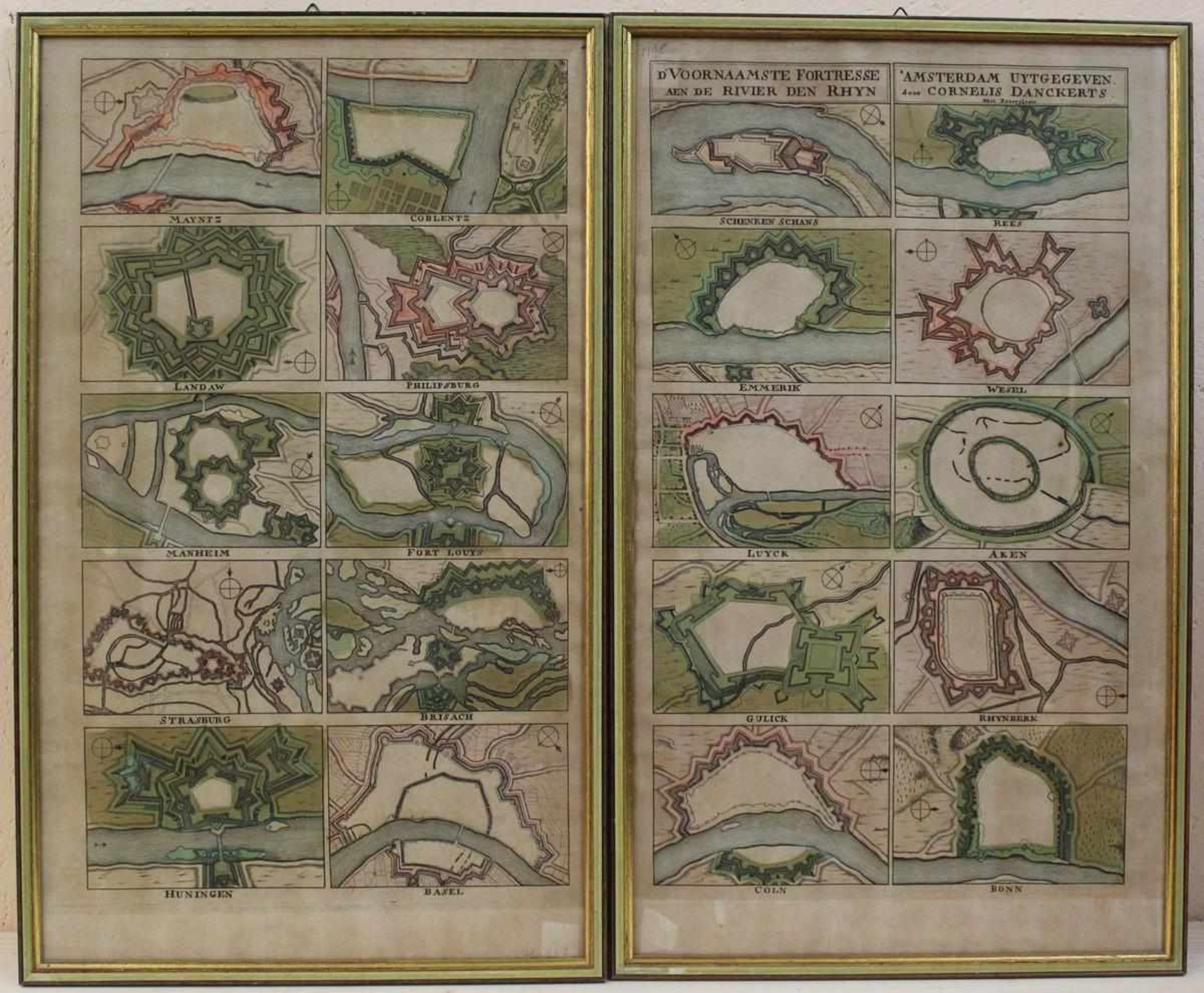 Cornelius Danckerts: 2 Kupferstiche Die wichtigsten Festungen am Rhein, handkoloriert, Darstellung