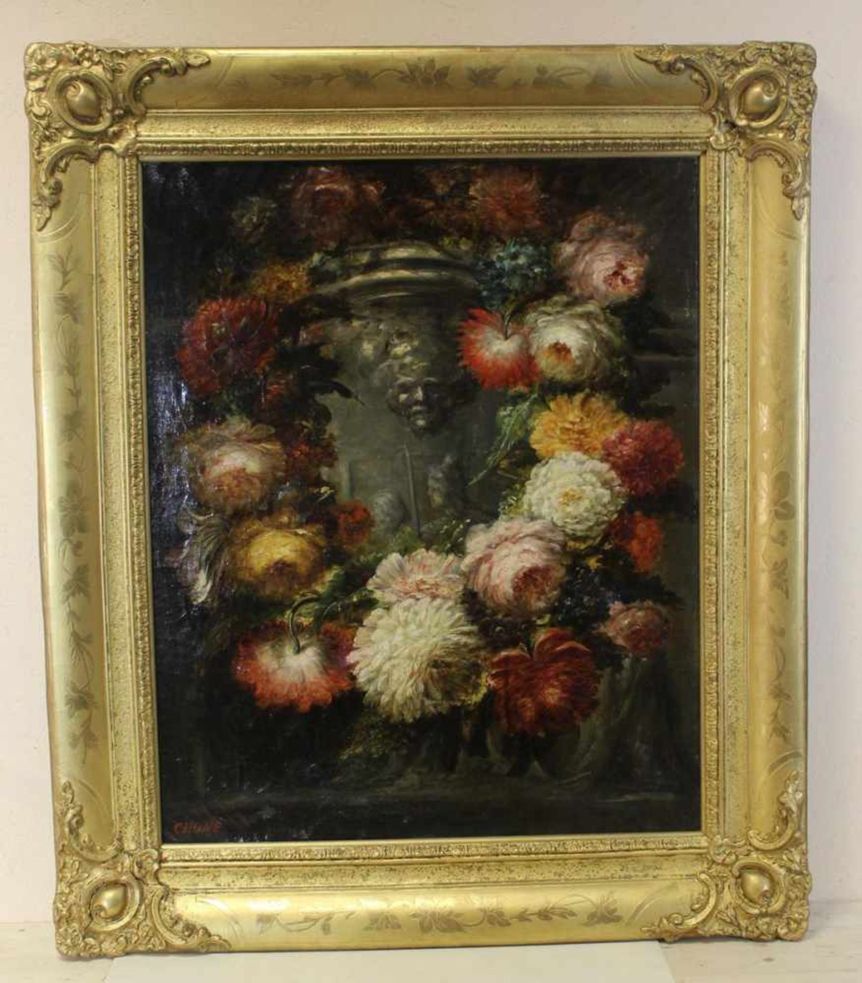 Gemälde Georges Chone Blumenarragement, Öl auf Leinwand,  Georges Chone wurde 1819 in Paris