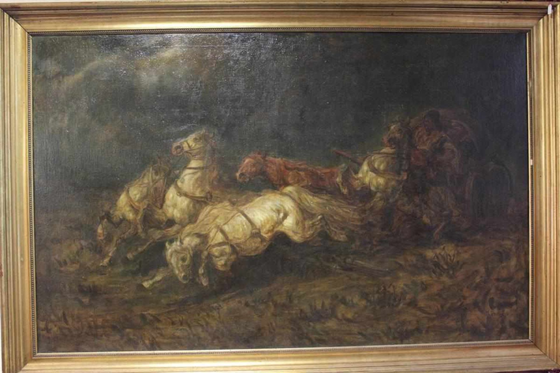 H. Post: Ölgemälde Kutsche mit Pferden und Personen im Stil des 17. Jh., Öl auf Leinwand,