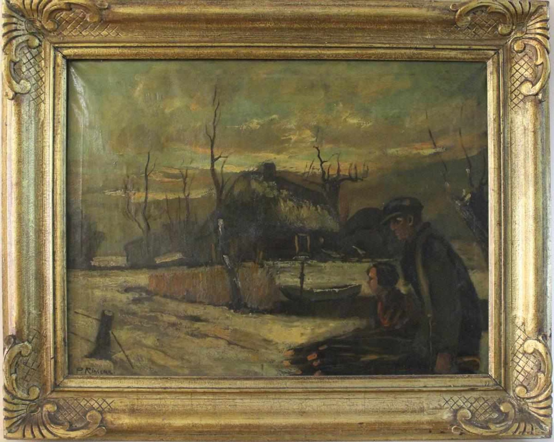 P. Rinsema: Ölgemälde Personen am Fluss, Öl auf Leinwand, Holzrahmen, ca. 61 x 80 cm, Gesamt ca.