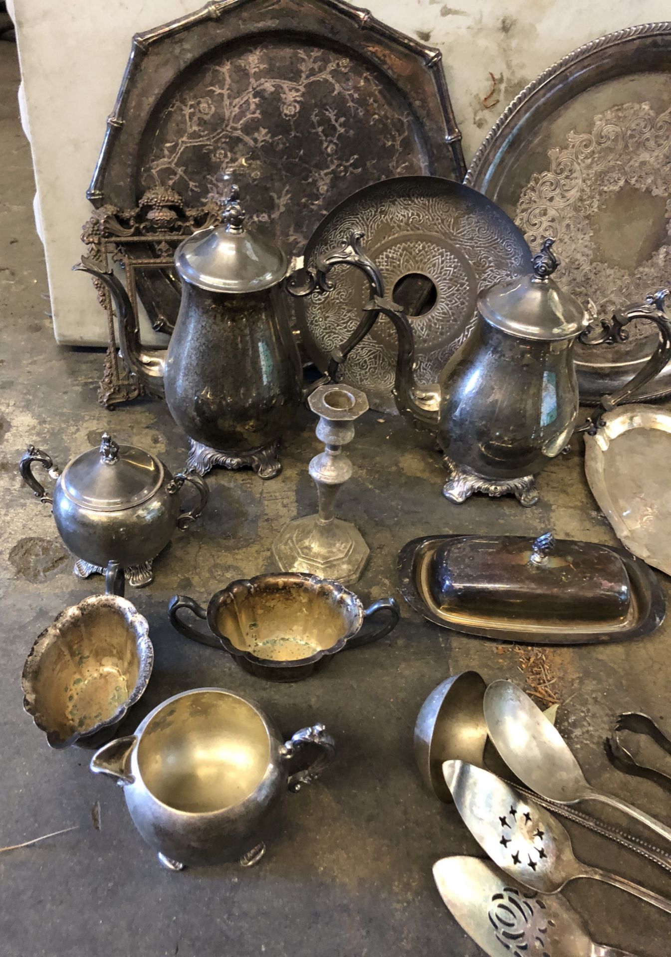 LARGE ANTIQUE, SILVER, SILVER PLATED SERVING TRAYS AND MISC SILVER PLATED OR SILVER ITEMS - Image 2 of 4