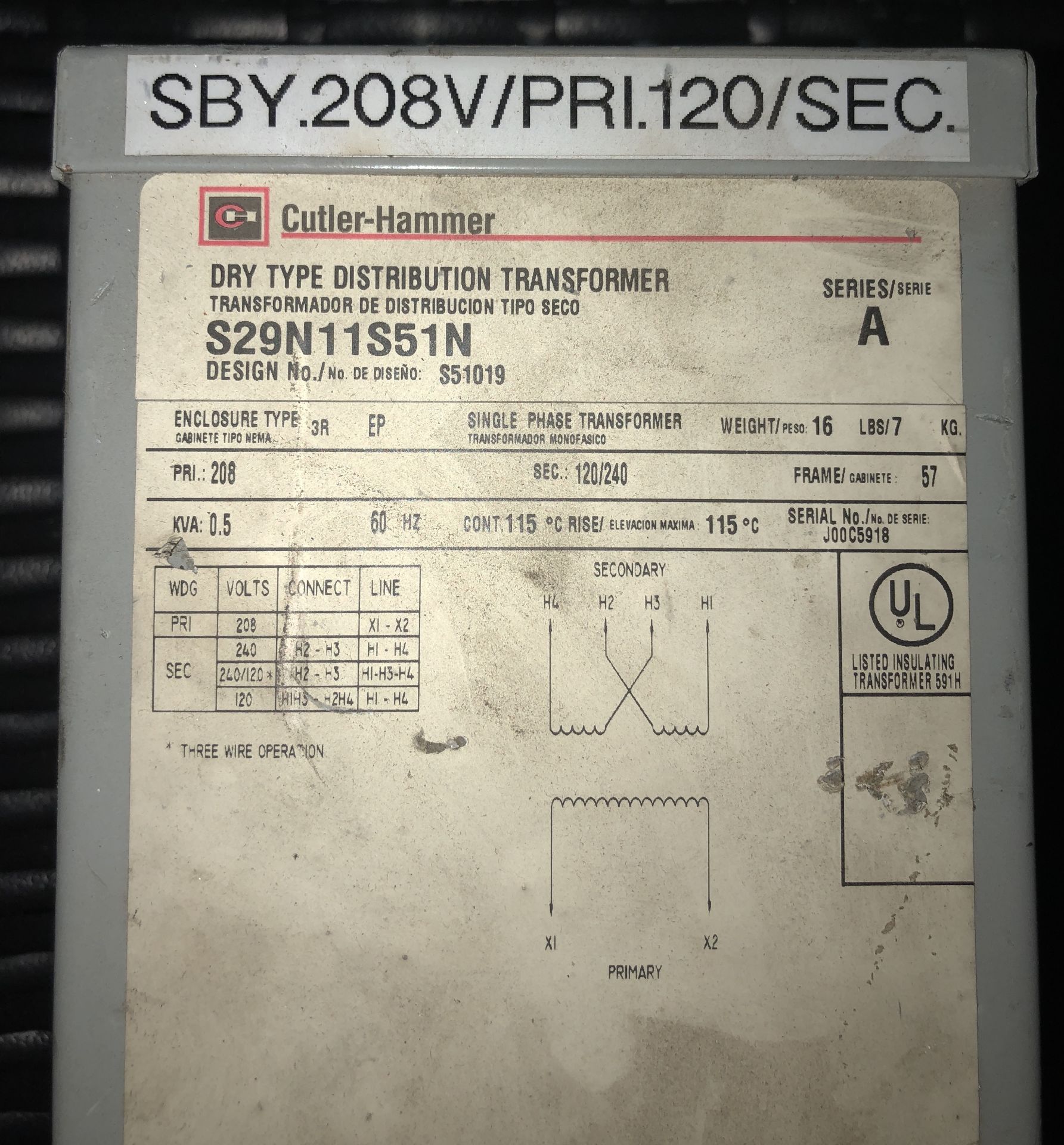 CUTLER-HAMMER S29N11S51N DRY TYPE DISTRIBUTION TRANSFORMER - Bild 2 aus 2