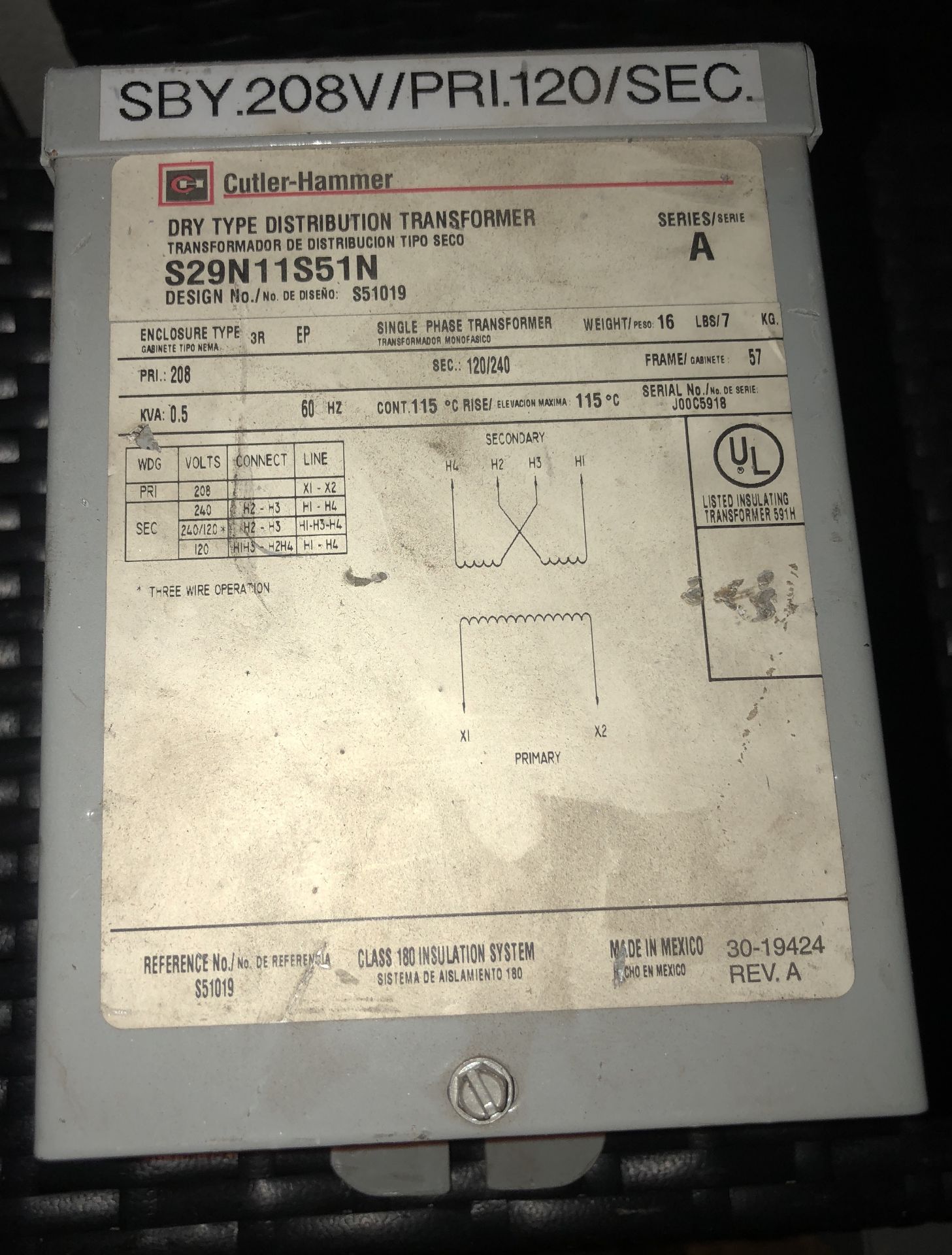 CUTLER-HAMMER S29N11S51N DRY TYPE DISTRIBUTION TRANSFORMER