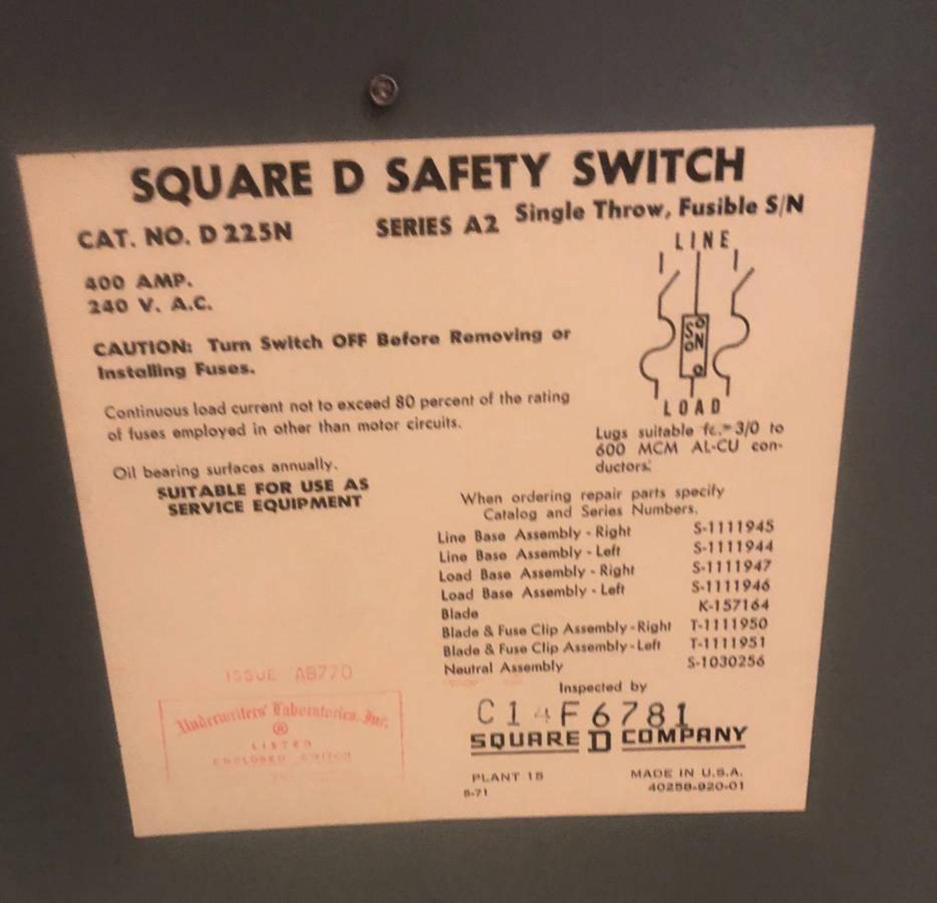 Square D D225N GD Safety Switch 400A 240V FUSIBLE $1500 new - Image 2 of 5