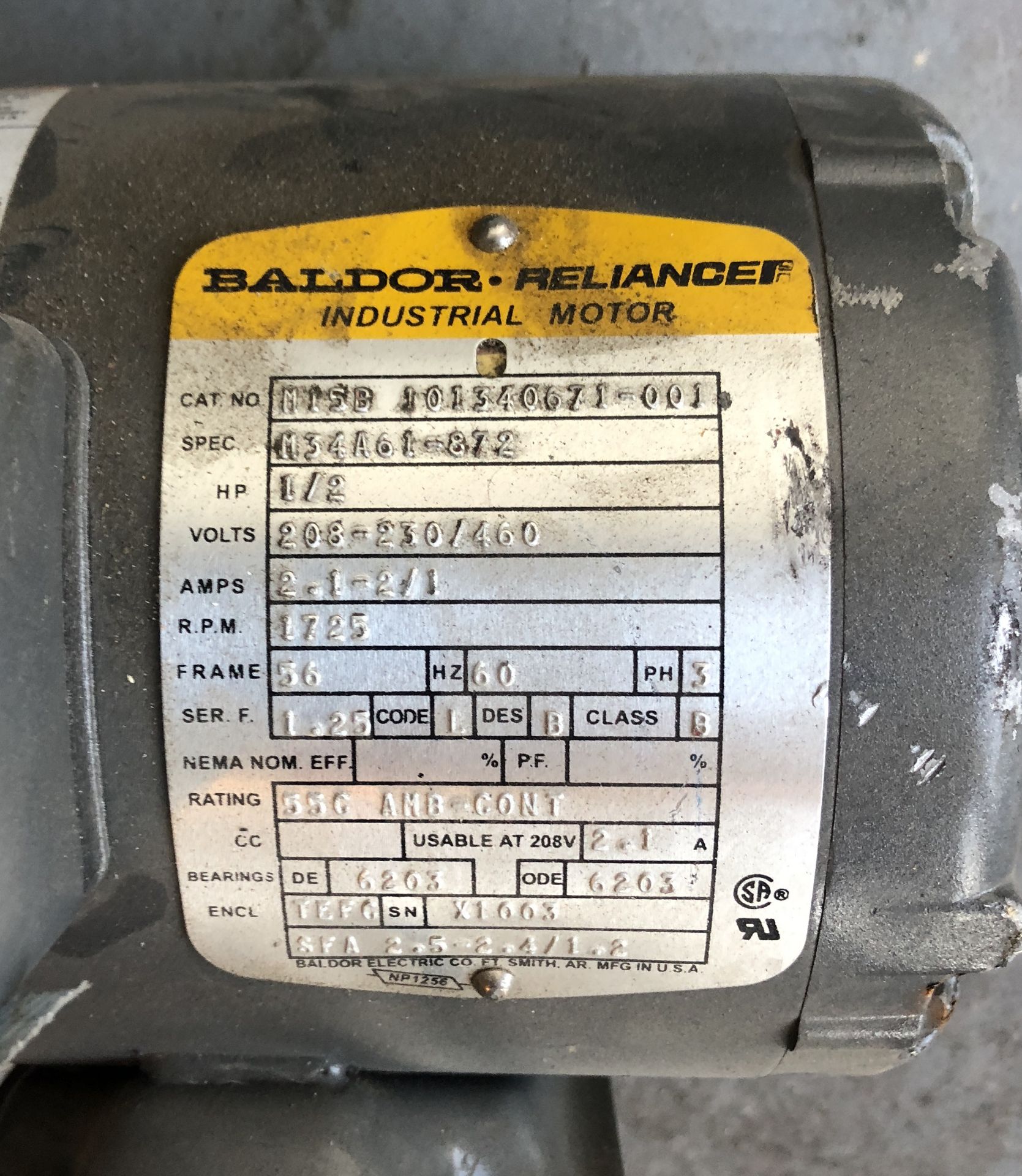 BALDOR INDUSTRIAL RELIANCE MOTOR 1725 RPM HP 1/2 - Image 2 of 2