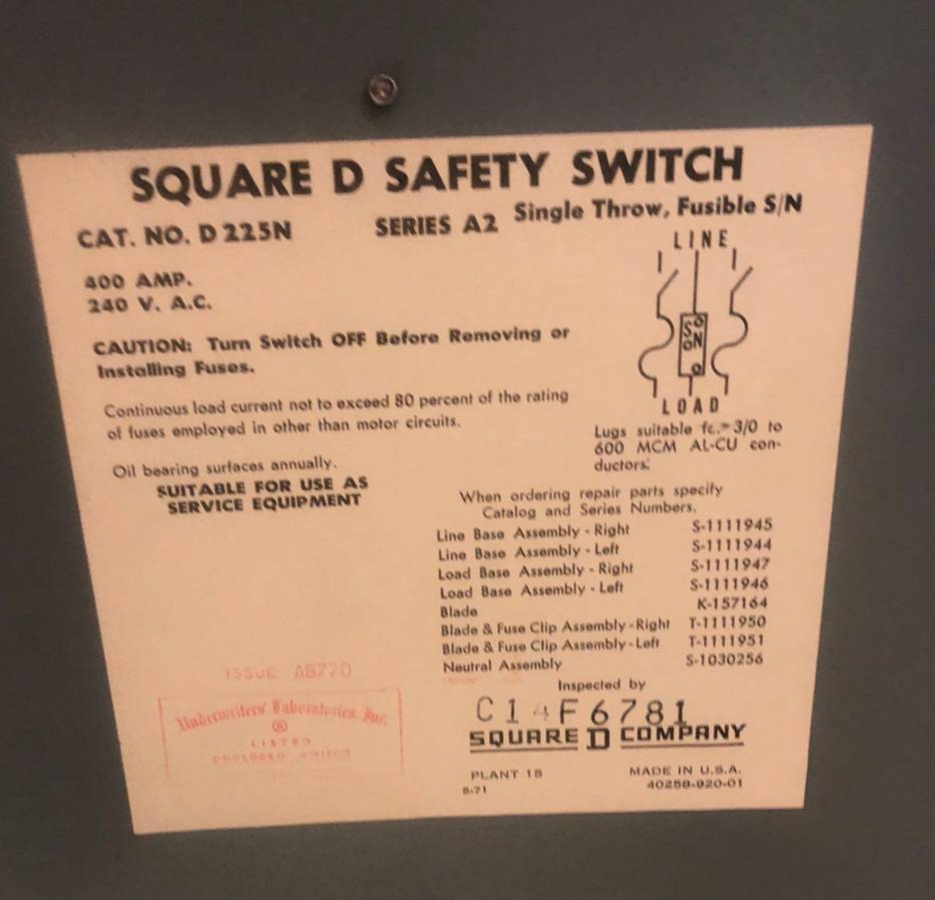 Square D D225N GD Safety Switch 400A 240V FUSIBLE $1400 unit - Image 2 of 5