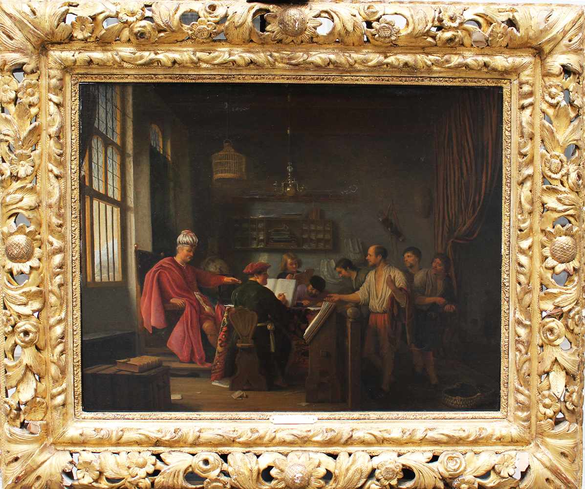 Hendrik Martenszoon Sorgh (1610 –1670), Allegorical scene of a noble interior with some officials