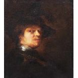 Rembrandt Harmenszoon van Rijn (1606-1669)-school, Portrait of a man with feather hat and looking to