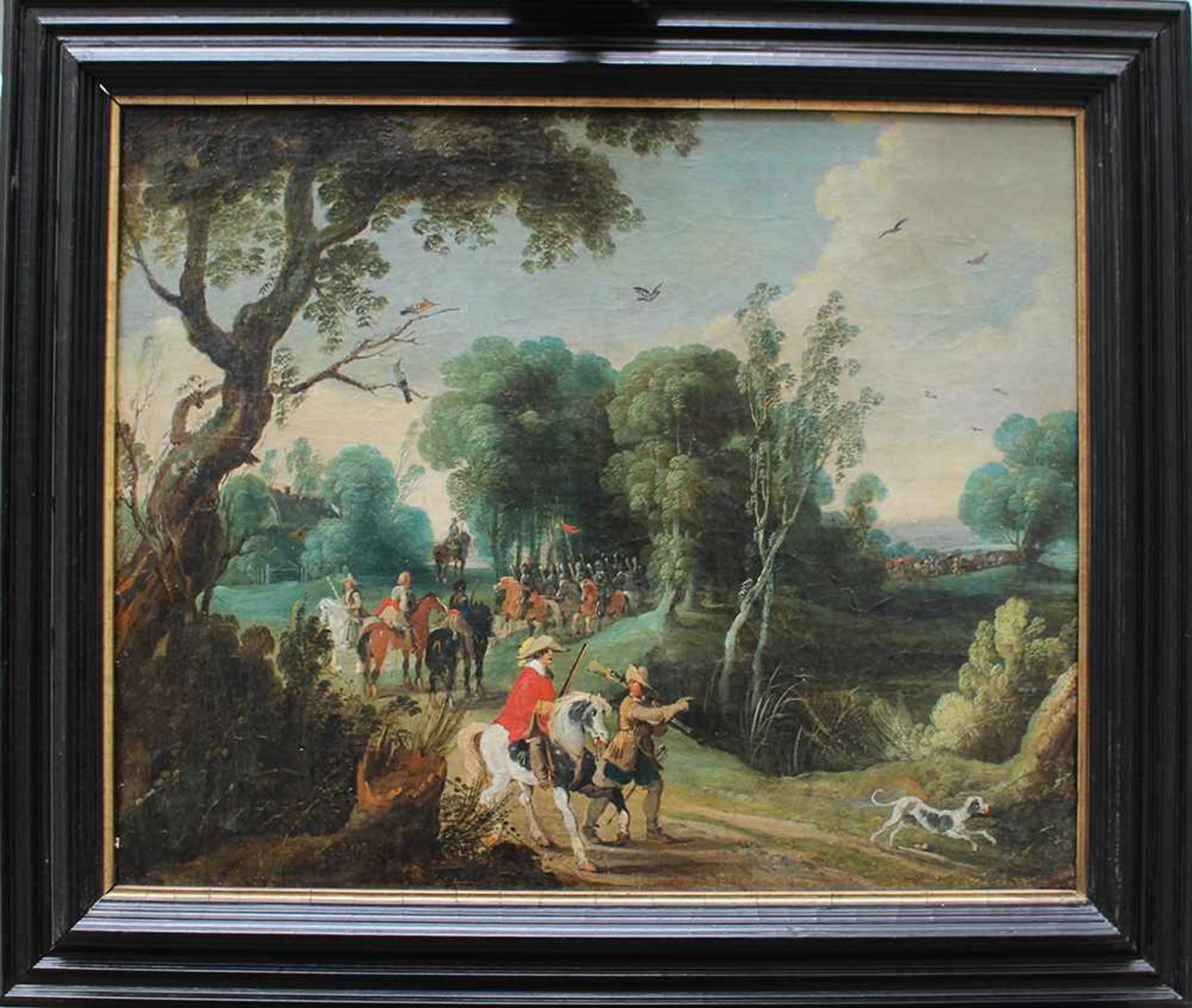 Sebastian Vrancx (1573-1647)-attributed, Soldiers and hunters on a path in landscape with dog and