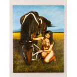 Chinese artist 20th Century, Naked girl with horse in landscape; oil on canvas, signed bottom right.