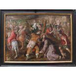 Flemish School 17th Century, Christ carrying the Cross; oil on oak panel, framed. 75x105cm