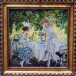 Edward Cucuel (1875-1954)-attributed, Two girls by a table; oil on canvas, framed. 80x80cm