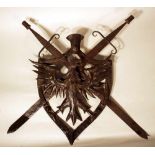 Iron coat of arms, Austrian iron wall emblem, forged iron with eagle and two removable swords in