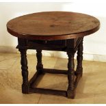 Tuscany around 17th Century hall wooden table with one drawer and four turned feet with bottom