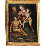 School of Tuscany, The Holy Family; oil on wooden panel; framed. 64x46cm