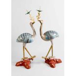 Pair of imperial cranes, on naturalistic bases in shape of tree stunks; each crane with a branch