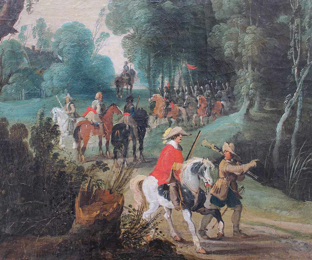 Sebastian Vrancx (1573-1647)-attributed, Soldiers and hunters on a path in landscape with dog and - Image 3 of 3