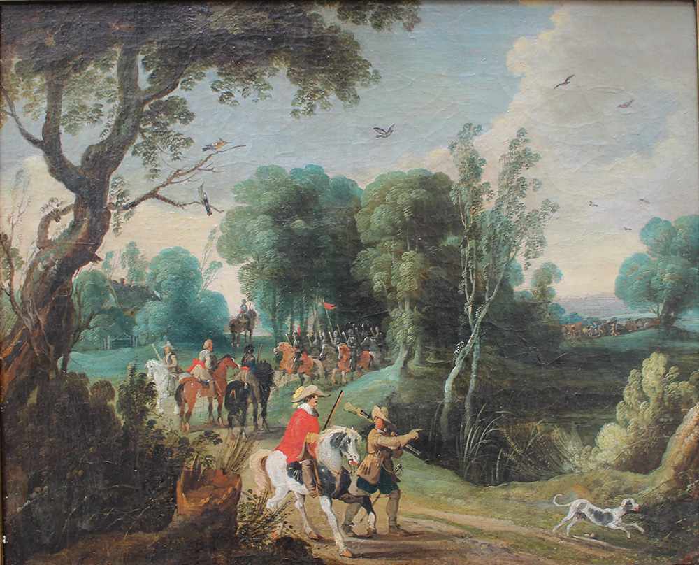 Sebastian Vrancx (1573-1647)-attributed, Soldiers and hunters on a path in landscape with dog and - Image 2 of 3