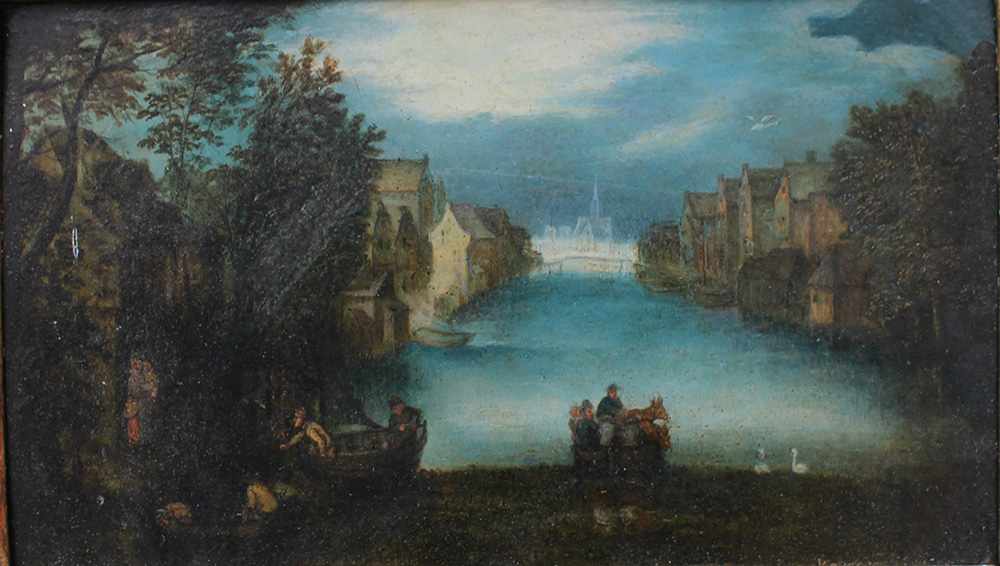 Jan Brueghel the Younger (1601-1678)-circle, Landscape with ferry and boats by a river with houses - Image 2 of 3