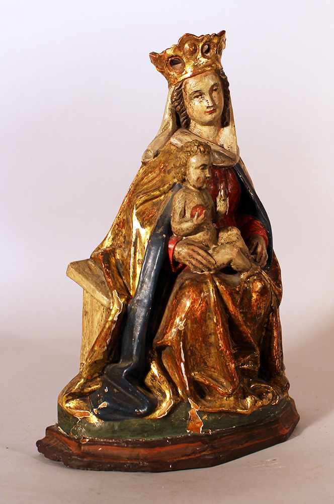 Bohemian Madonna in Gothic manner with Child sitting on an bench, with rich folded cloths and crown; - Image 2 of 3
