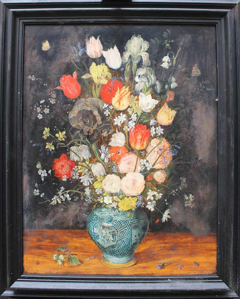 Jan Brueghel the Younger (1601-1678)-school, Large flower still life with insects in a Chinese Wan