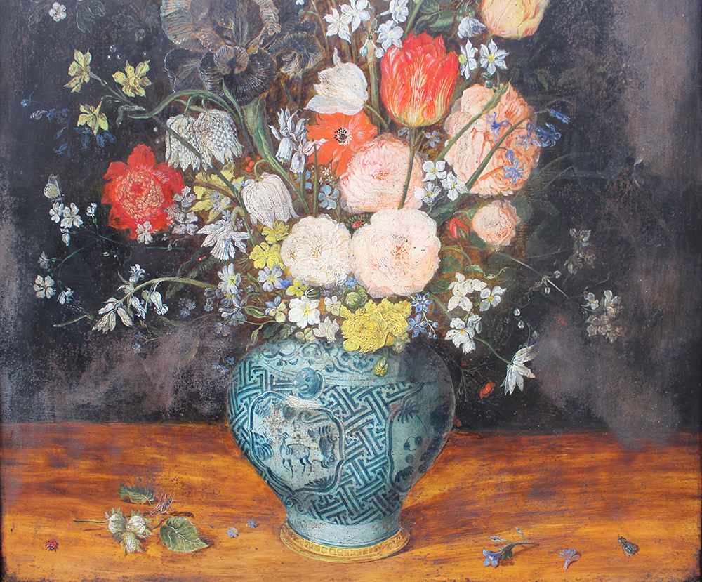 Jan Brueghel the Younger (1601-1678)-school, Large flower still life with insects in a Chinese Wan - Image 2 of 3