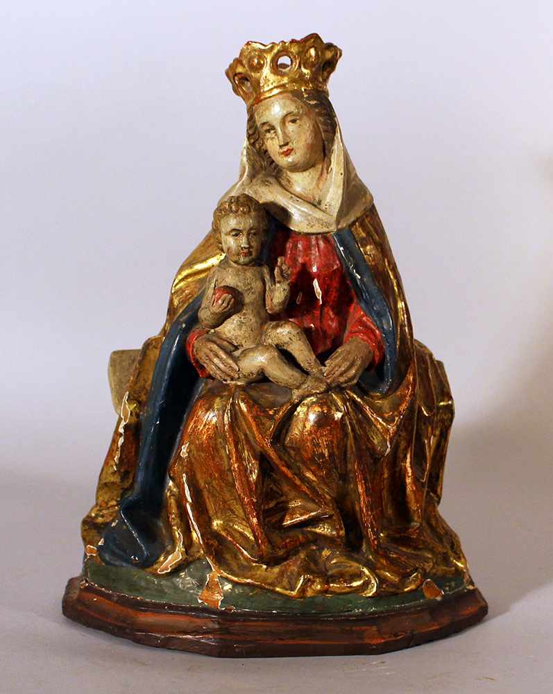 Bohemian Madonna in Gothic manner with Child sitting on an bench, with rich folded cloths and crown;