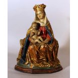 Bohemian Madonna in Gothic manner with Child sitting on an bench, with rich folded cloths and crown;