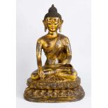 Large Chinese bronze Buddha on lotus base with the gestus of the earth touch, the other hand with