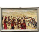 Unknown artist, large market scene, possibly Central Africa, with mountains in the background and