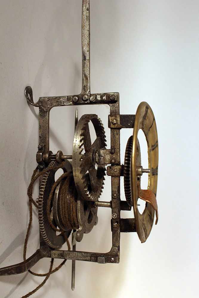 Iron clock movement with later bronze dial with Roman numbers and copper finger; possibly Austrian - Image 2 of 3