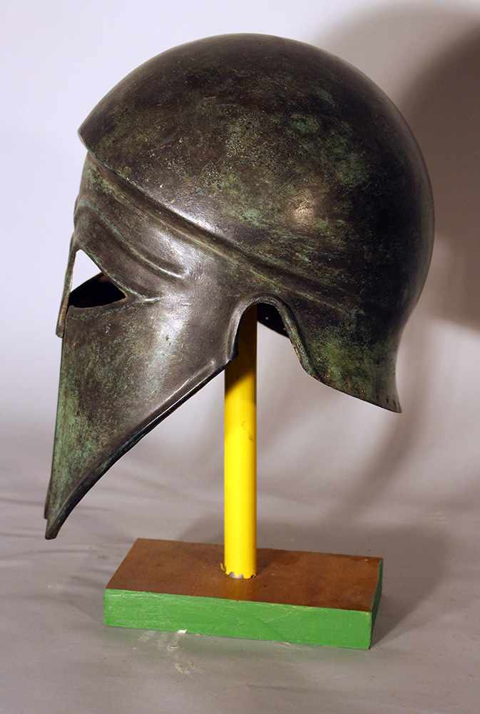 Corinthian bronze helmet in ancient style with open work eyes and nose protection, chased border - Image 2 of 3