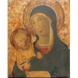 Sano di Pietro (1406-1481)-manner, Madonna with Child holding a flower; on gold ground with partly