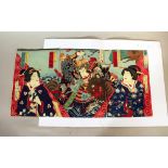 Japanese woodcut including three pages with coloured Geishas and a warrior with horse; several