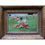 Unknown artist, Czech or Slovakian girl sitting on a meadow; oil on cardboard; monogrammed