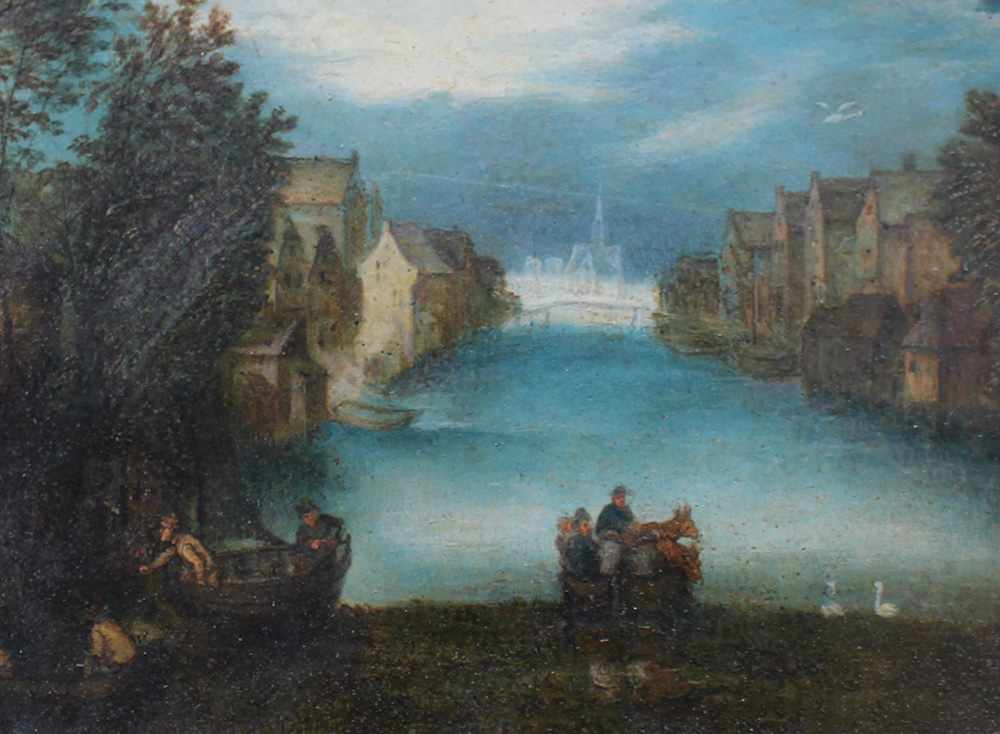 Jan Brueghel the Younger (1601-1678)-circle, Landscape with ferry and boats by a river with houses - Image 3 of 3