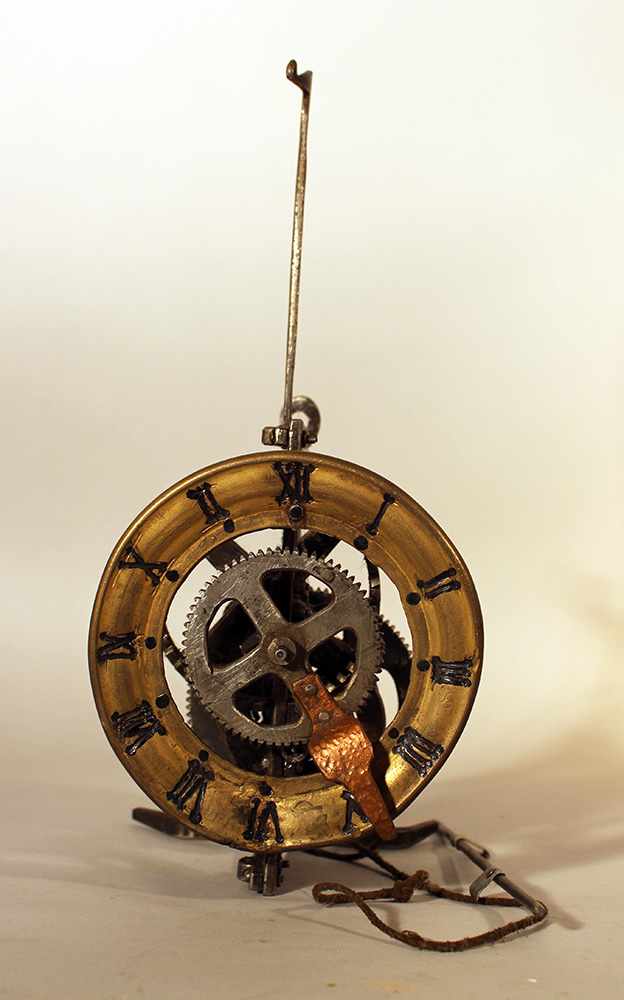 Iron clock movement with later bronze dial with Roman numbers and copper finger; possibly Austrian - Image 3 of 3