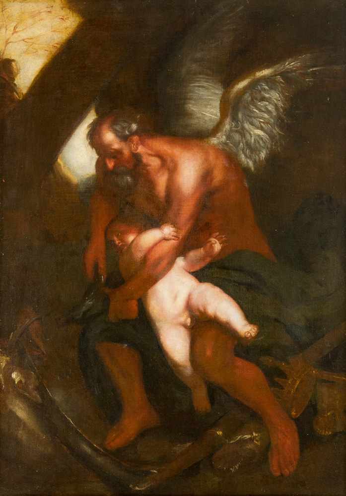 Julio Cesare Procaccini (1574-1625) ,Time cuttiing angels wings, oil on canvas 110x81cm - Image 2 of 3