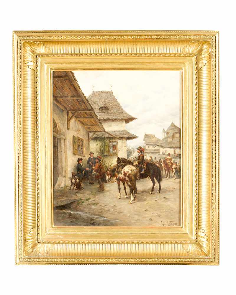 LugwigGedlek (1847-1904) historical village scene with Horses and Curassiers, oil on canvas signed
