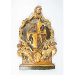 Italian Renaissance coat of arms of the Conte de Correggio, wood carved with family signs of two