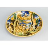 Urbino ceramic plate with upstanded border, multicolored paint, glazed. Showing Kain and Abel with