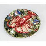 French Ceramic Plate in manner of Palissy, circular plate with red lobster in the center, shells and