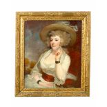 George Romney (1735-1802)-attributed, portrait of a elegant lady with hat in landscape, oil on