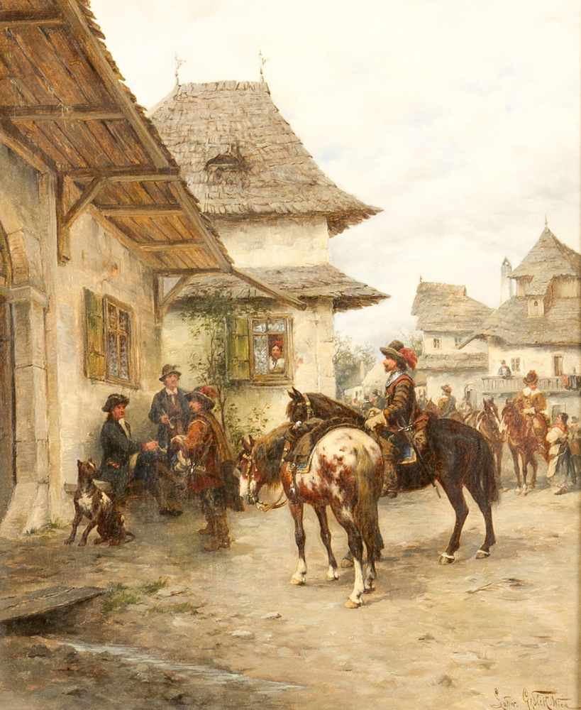 LugwigGedlek (1847-1904) historical village scene with Horses and Curassiers, oil on canvas signed - Image 2 of 3