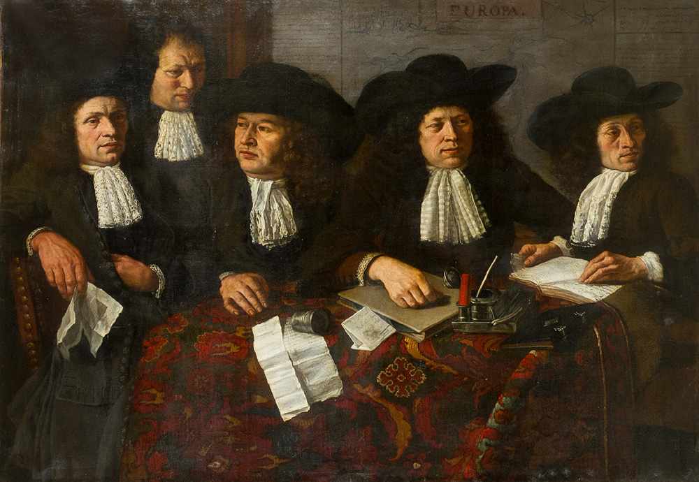 Rembrandt Harmenszoon van Rijn (1606-1669)-circle,Large Group portrait of five dutch merchands or - Image 2 of 3