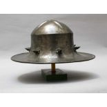 Iron Helmet in Medieval Style, round body with wide border, seven iron spears with rose ornaments on